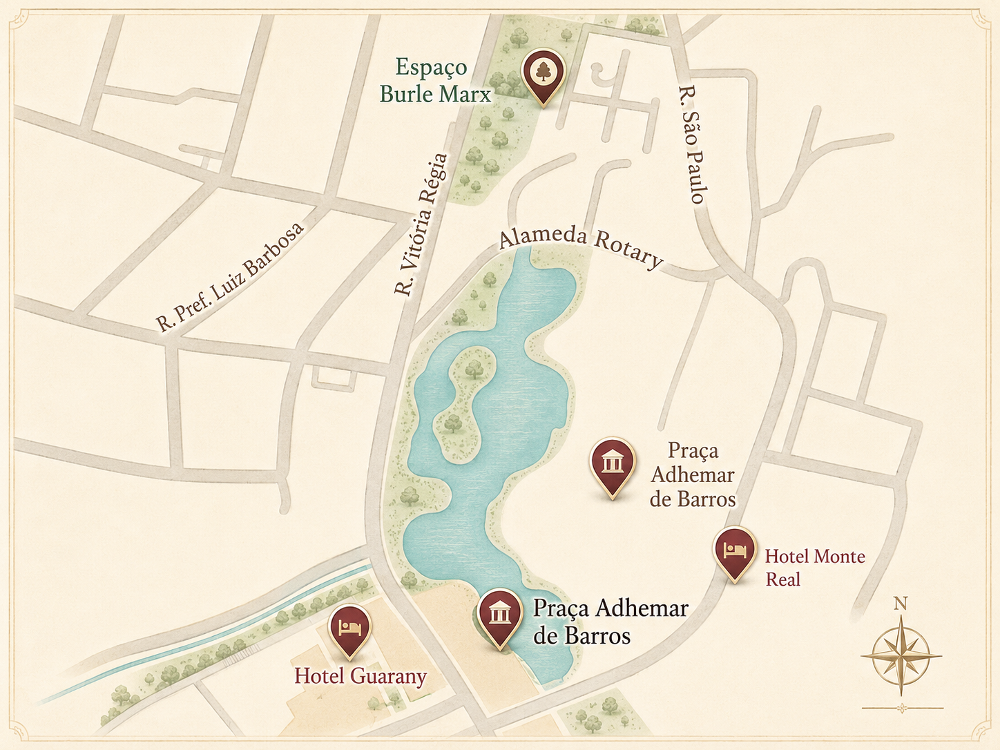 Mapa estilizado da região da Praça Adhemar de Barros, em Águas de Lindóia